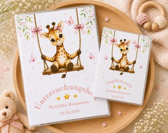Uheft Hülle personalisiert mit Giraffe, Uhefthülle mit Impfpass, Safari-Babytiere, Geschenkset zur Geburt, Mädchen-Geschenk, Impfpass Hülle
