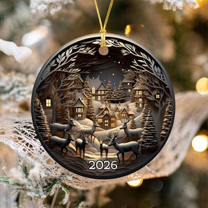 クリスマスナイト3D効果、2026年クリスマスオーナメント、ホリデーギフトアイデア、家宝の記念品、丸型セラミック、オーナメントプレゼント、ユニークなオーナメント