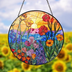 Wildflowers Sun catcher, Sunset Stained Glass Style Window Hangings, Wall Decor, Housewarming Gift, Home Decor, Window Hanger