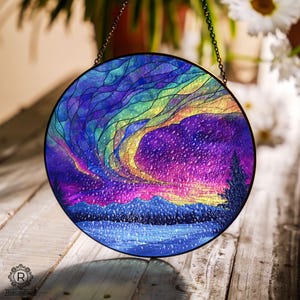 Northern Lights Window Suncatcher Glass Hanging, Window Hanger, Gift For Camper, Camping Wall Decor, Stained Glass Style Art Gift