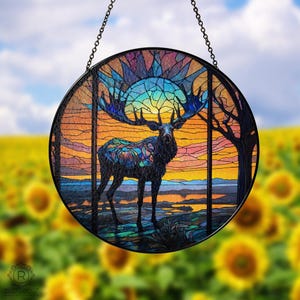 Sunset Deer Hunting Window Stained Glass Suncatcher, Deer Hunting Gift, Best Gift For Deer Hunters, Mountain Cabin Deer Decor