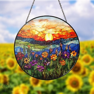 Flower Sunrise, Sunset Stained Glass Window Hangings, Wall Decor, Housewarming Gift, Home Decor, Window Hanger, Suncatcher Hanger