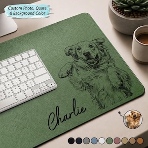 May include: A green rectangular mousepad with a custom dog illustration and the name "Charlie" in cursive. The mousepad has the text "Custom Photo, Quote & Background Color" at the top. A keyboard and a cup of coffee are also visible.