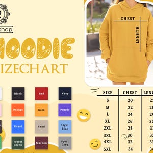 May include: A yellow hoodie size chart with color swatches and measurements. The chart includes sizes S to 5XL, chest measurements from 20 to 34 inches, and lengths from 27 to 34 inches. The word "HOODIE" is in large yellow letters.