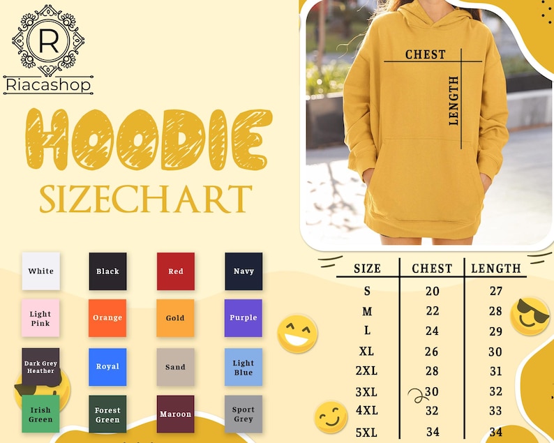May include: A yellow hoodie size chart with color swatches and measurements. The chart includes sizes S to 5XL, chest measurements from 20 to 34 inches, and lengths from 27 to 34 inches. The word "HOODIE" is in large yellow letters.