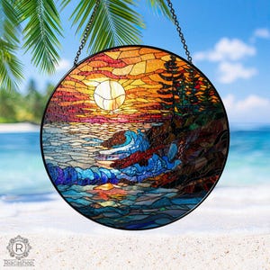 Sunset Waves on The Beach Window Suncatcher, Window Stained Glass Style, Hanging Decor, Light Catcher Home Decor, Sunset Lover