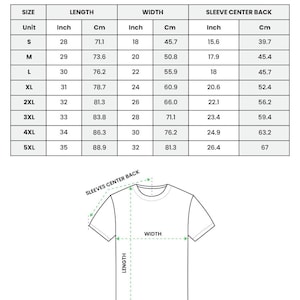 May include: A chart detailing the measurements of a classic unisex t-shirt, including length, width, and sleeve center back in inches and centimeters. Sizes range from S to 5XL. The text "CLASSIC UNISEX T-SHIRT (MADE IN US)" is at the top.