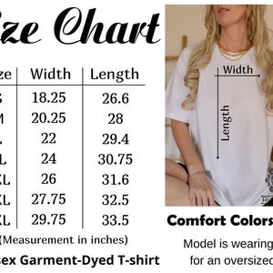 May include: White unisex garment-dyed t-shirt with a size chart. The chart shows measurements in inches for sizes S to 4XL. The model is wearing an XL for an oversized fit. The shirt is Comfort Colors 1717.