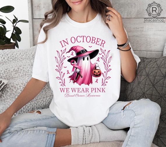 In October We Wear Pink Ghost Shirt, Halloween Tee, Pink Ribbon Shirt, Breast Cancer Awareness Shirt, Retro Cancer Survivor T-Shirt