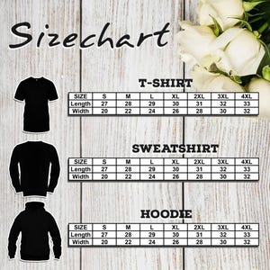 May include: A size chart for a t-shirt, sweatshirt, and hoodie, featuring black garment silhouettes and tables with length and width measurements in inches for sizes S through 4XL. The text reads Sizechart, T-Shirt, Sweatshirt, and Hoodie.