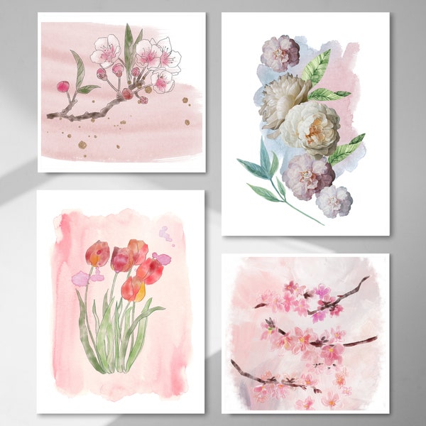 4 Set Arte floral de la pared, Colgante de pared, Impresión de acuarela, Arte digital, Tarjeta de regalo, Personalizado, Tulipanes, Flor de manzana, Flor de melocotón