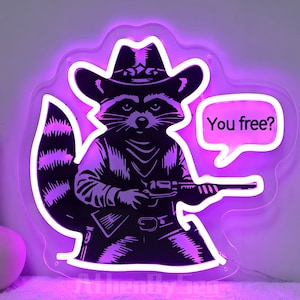 Cowboy Raccoon Neon Sign, Custom Text Sign, Raccoon Decor, Raccoon Light, Trash Panda Decor, Raccoon Shooting Led Sign, Game Room Decor