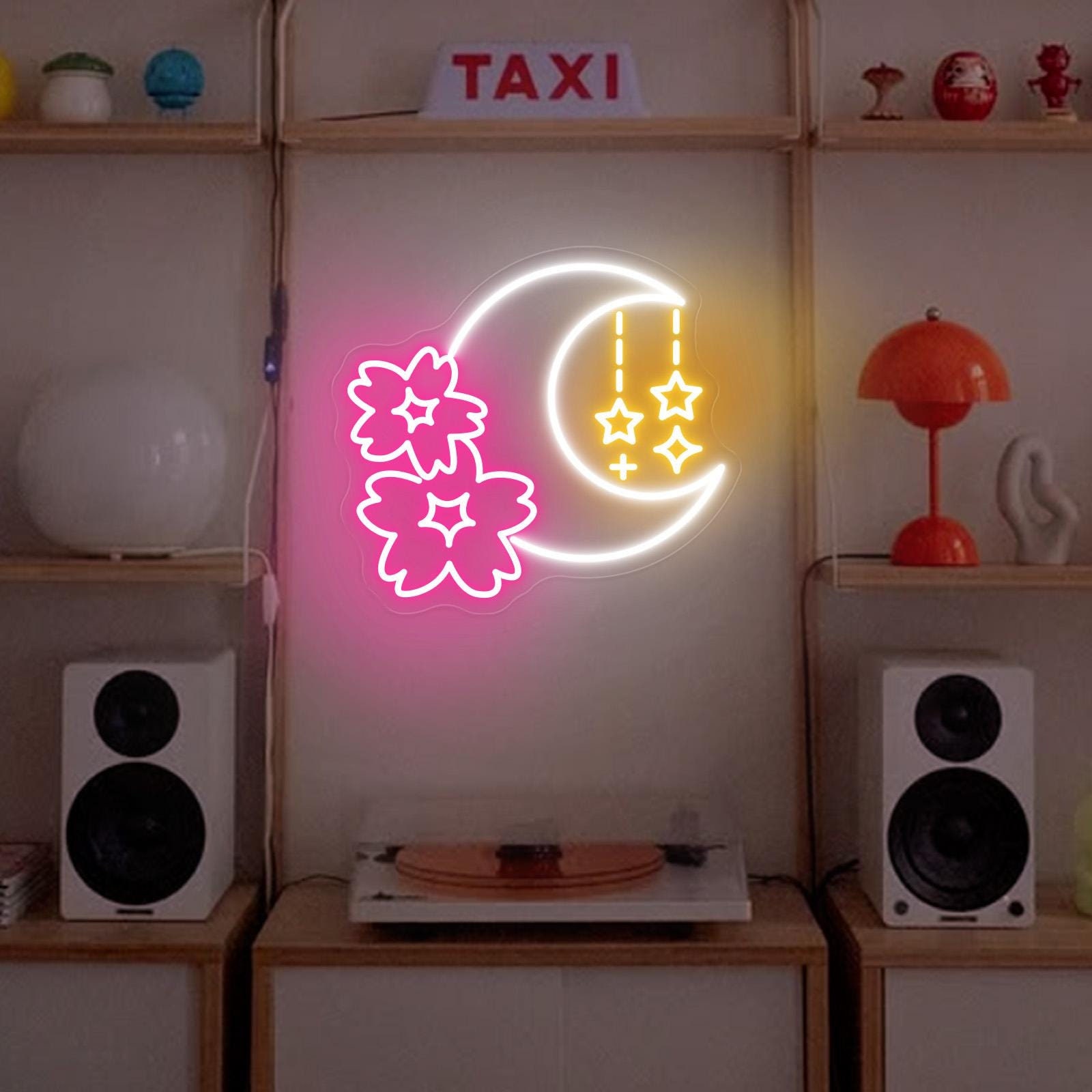 Sakura And Moon Neon Sign, Sakura Neon Wall Art, Japanese Flower Sign, Bedroom Moon Decor, Game Room Decor, Cherry Blossom Neon Light