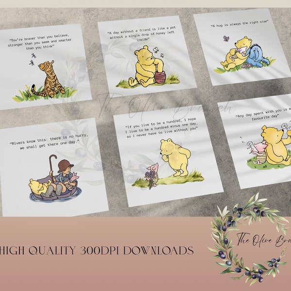 Winnie the Pooh set of 12 Digital Download  square quote cards | High quality clipart