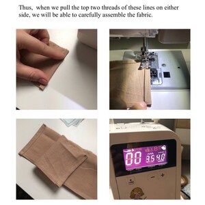 May include: A series of four images demonstrating fabric assembly with a sewing machine. The images show steps including folding fabric, sewing, and the machine's display. The display shows the numbers 3.5 and 4.0.