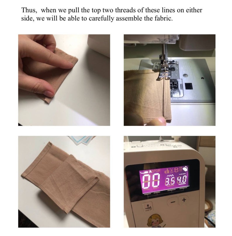 May include: A series of four images demonstrating fabric assembly with a sewing machine. The images show steps including folding fabric, sewing, and the machine's display. The display shows the numbers 3.5 and 4.0.