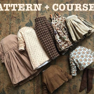 May include: An assortment of miniature clothing items, including dresses, skirts, pants, and a sweater, arranged on a textured, brown surface. The garments feature various patterns and colors, such as floral prints, polka dots, and plaid. The text "PATTERN + COURSES" is at the top.