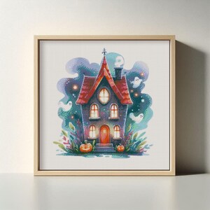 Halloween Spooky Cottage Cross Stitch PDF – Counted Pattern with Pumpkin & Ghost Motifs, Download Instantly