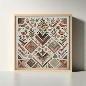 May include: Square framed art print featuring a symmetrical design of stylized plants, flowers, and birds in shades of brown, green, and red on a cream background. The artwork has a folk art style and is set in a light wood frame.