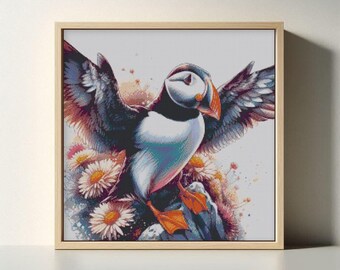 Puffin Cross Stitch Pattern: Detailed Seabird Embroidery (PDF Pattern)