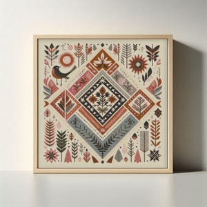 Puede incluir: Impresión artística enmarcada cuadrada con un diseño simétrico. Presenta un pájaro, elementos florales y geométricos en tonos beige, rosa, marrón y gris. La obra de arte está en un marco de madera.