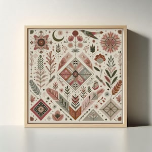 Op de afbeelding: Vierkante ingelijste kunstdruk met een symmetrisch ontwerp van bloemen, veren en geometrische elementen in tinten rood, roze, groen en bruin. Een vogel en een halve maan zijn ook inbegrepen. Het kunstwerk staat tegen een crèmekleurige achtergrond.