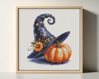 Halloween Pumpkin Witch Hat Cross Stitch Pattern: Autumn Embroidery (PDF XSD Digital Download)