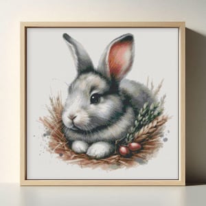 Charming Bunny Cross Stitch Pattern - Heartwarming Realistic Rabbit Nestled in Hay & Wheat Stalks