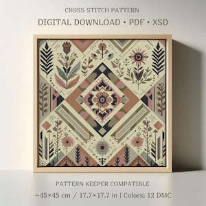 Autumn Wheat Cross Stitch Pattern, Fall Floral Sampler, Cottagecore Thistle Patchwork Quilt, Modern Botanical
