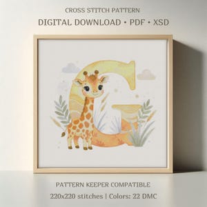 May include: Cross stitch pattern featuring a giraffe and the letter "G". The design includes a giraffe with orange and brown spots, and the letter "G" in yellow. The text "CROSS STITCH PATTERN" and "DIGITAL DOWNLOAD" are at the top.