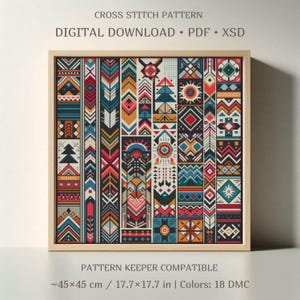 Könnte beinhalten: Ein digitales Kreuzstichmuster mit einer quadratischen Komposition aus vertikalen Paneelen mit geometrischen Motiven in Rot, Blau, Gelb und Schwarz. Text: CROSS STITCH PATTERN, DIGITAL DOWNLOAD, PDF, XSD, PATTERN KEEPER COMPATIBLE, 45x45 cm, 17.7x17.7 in, 18 DMC.
