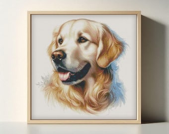 ゴールデンレトリバーのクロスステッチ図案、犬の肖像画刺繍デザイン