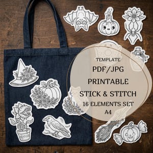 May include: A dark blue denim tote bag featuring sixteen white stick and stitch embroidery templates. The designs include a witch hat, pumpkin, venus flytrap, raven, bat, candle, spider, cat, and broomstick with the text TEMPLATE PDF/JPG PRINTABLE.