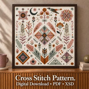 Autumn Cross Stitch Pattern, Fall Quaker Sampler, Primitive Nature, Modern Folk Art