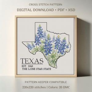 May include: A framed cross-stitch pattern featuring the outline of Texas filled with bluebonnet flowers. The word "TEXAS" is displayed below the state outline, with "EST. 1845" and "THE LONE STAR STATE" underneath. The text "DIGITAL DOWNLOAD" is at the top.