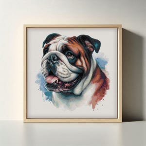 May include: A framed watercolor-style portrait of a bulldog. The dog has a white face with brown and black markings, a pink tongue, and a blue and pink watercolor background. The frame is light brown.