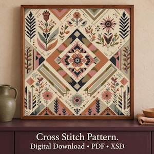Autumn Wheat Cross Stitch Pattern, Fall Floral Sampler, Cottagecore Thistle Patchwork Quilt, Modern Botanical