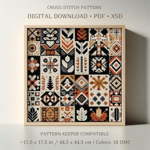Patrón de punto de cruz de patchwork otoñal / Muestrario de bordado geométrico moderno en PDF/XSD / Descarga digital