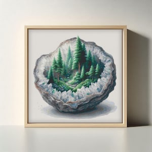 May include: A framed artwork depicts a forest scene within a geode. The geode's exterior is gray and textured, while the interior showcases a lush green forest with tall evergreen trees. The artwork is set in a light brown wooden frame.