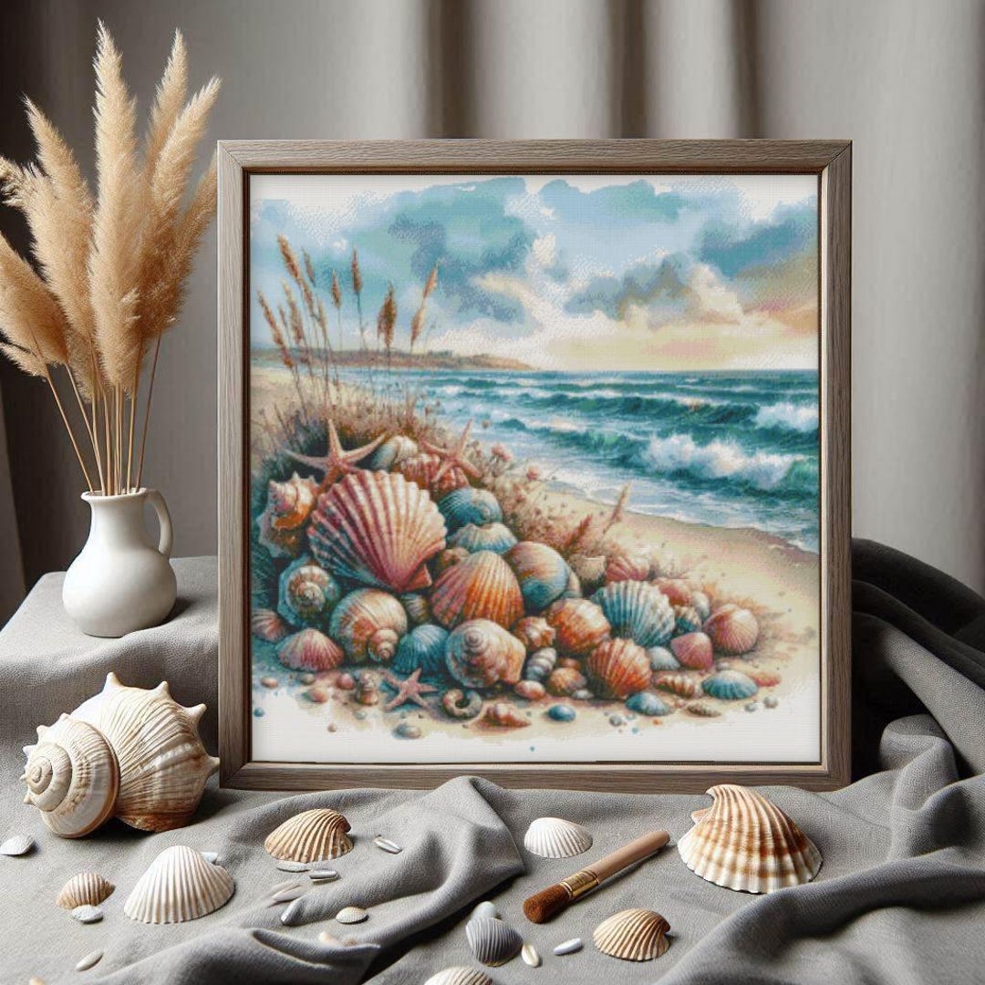 Seashell Beach & Ocean Waves | Cross Stitch Pattern | Coastal Seaside ...