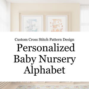 Könnte beinhalten: Zwei gerahmte Kinderzimmer-Kunstdrucke mit den Buchstaben „E“ und „F“ werden angezeigt. Das „E“ zeigt einen Elefanten, das „F“ einen Fuchs. Der Text lautet „Custom Cross Stitch Pattern Design“ und „Personalized Baby Nursery Alphabet“.