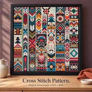 Geometrische Indiaanse kruissteekpatroon PDF/XSD, tribal etnische boho-borduurwerk | Digitale download