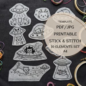 Space Cat Stick and Stitch Embroidery Patterns PDF, UFO Water Soluble Stabilizer Template, Patch