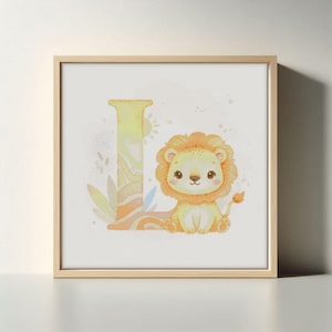 May include: A framed print featuring a watercolor illustration of a cute lion cub and the letter "L". The lion is in shades of yellow and orange, with a fluffy mane and a small tail. The letter "L" is also in yellow and orange.
