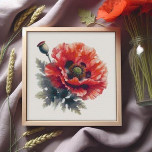Amapola floreciente – Patrón realista de punto de cruz con acuarela / Gráfico digital en PDF y XSD / Diseño de bordado con arte floral