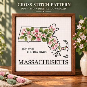 May include: A cross stitch pattern featuring the outline of Massachusetts filled with pink flowers and green leaves. The text reads EST. 1788, THE BAY STATE, and MASSACHUSETTS. The design is displayed in a wooden frame on a surface with embroidery floss.