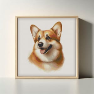 Op de afbeelding: Een ingelijst portret van een Corgi-hond. Het kunstwerk toont de kop en schouders van de hond, met nadruk op zijn oranje en witte vacht. De hond lacht met zijn tong uit, tegen een witte achtergrond.
