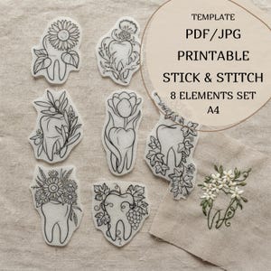 May include: A set of eight printable stick and stitch embroidery templates featuring black line art of teeth adorned with various botanical elements like sunflowers, thistles, olives, tulips, ivy, and grapes, with text reading TEMPLATE PDF/JPG.