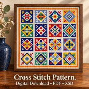 May include: A framed cross stitch pattern featuring a grid of sixteen square tiles, each displaying a unique geometric design in vibrant colors including red, blue, yellow, and green. The text below reads: Cross Stitch Pattern. Digital Download • PDF • XSD.