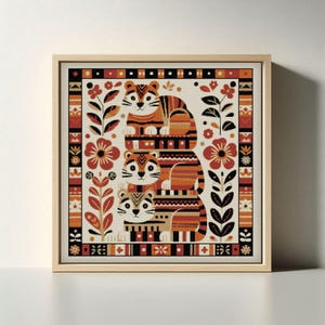 May include: A framed art print featuring a stylized illustration of three tigers stacked on top of each other. The tigers are orange and brown with striped patterns. The artwork includes floral and geometric elements in red, black, and cream.